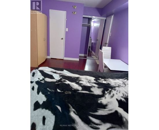 A bedroom with purple walls and a cowhide rug.