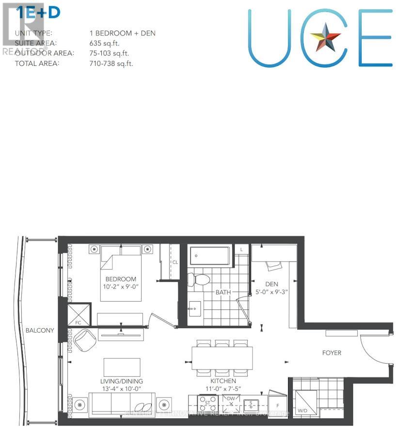 A floor plan of a 1 bedroom + den apartment with a balcony and foyer.