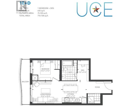 A floor plan of a 1 bedroom + den apartment with a balcony and foyer.