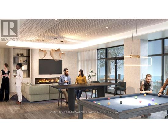 A group of people are gathered in a modern living room with a pool table.
