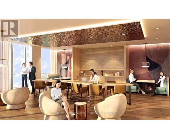 A modern dining area with people sitting and standing around tables.