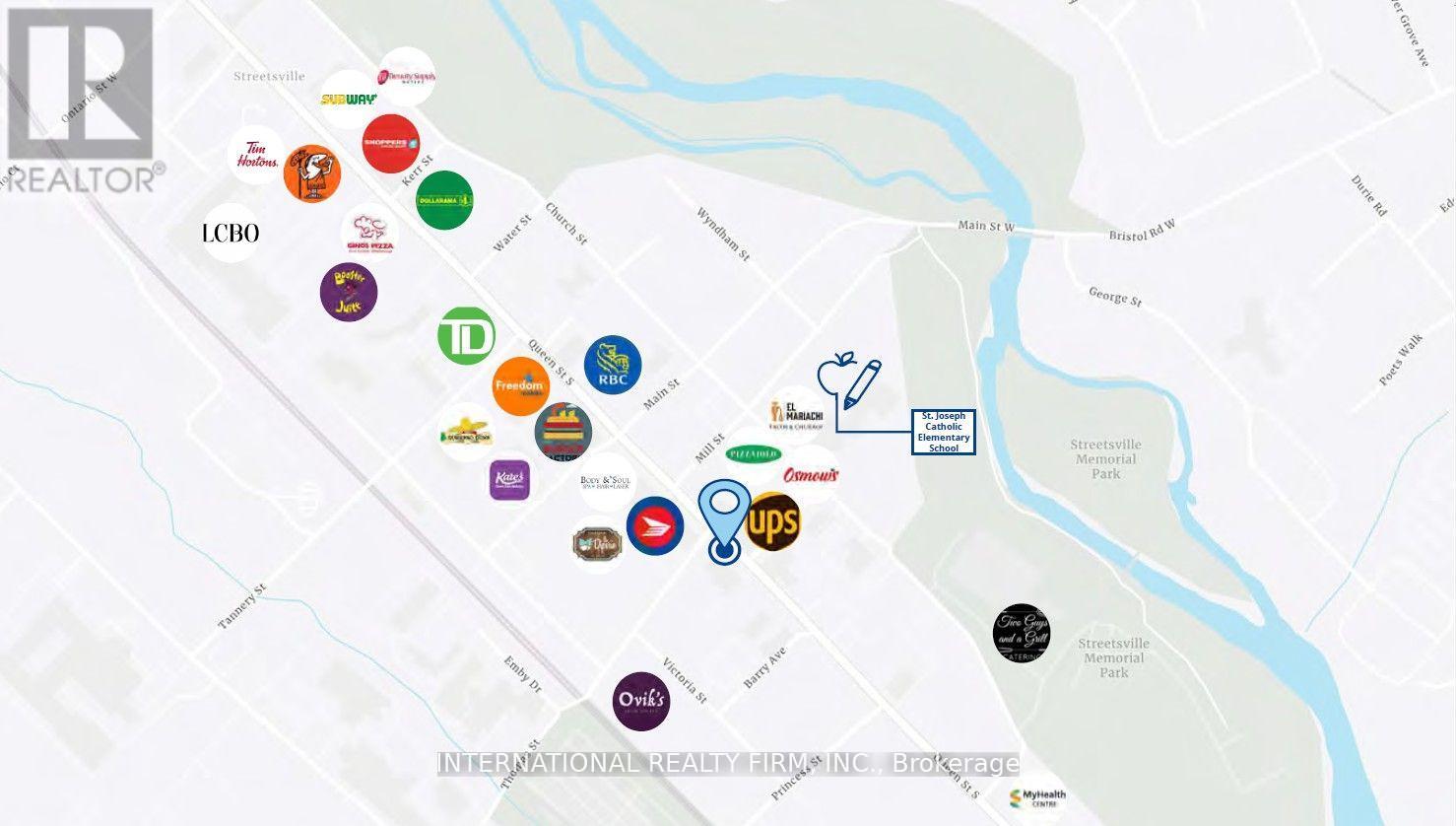 A map with various symbols representing different businesses.