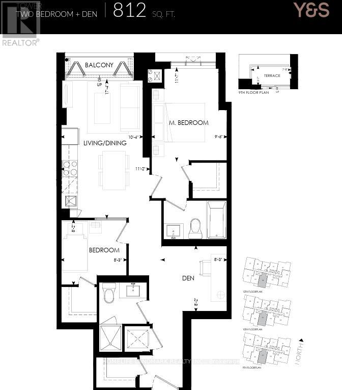 A floor plan for a two bedroom plus den apartment at 812 sq.ft.