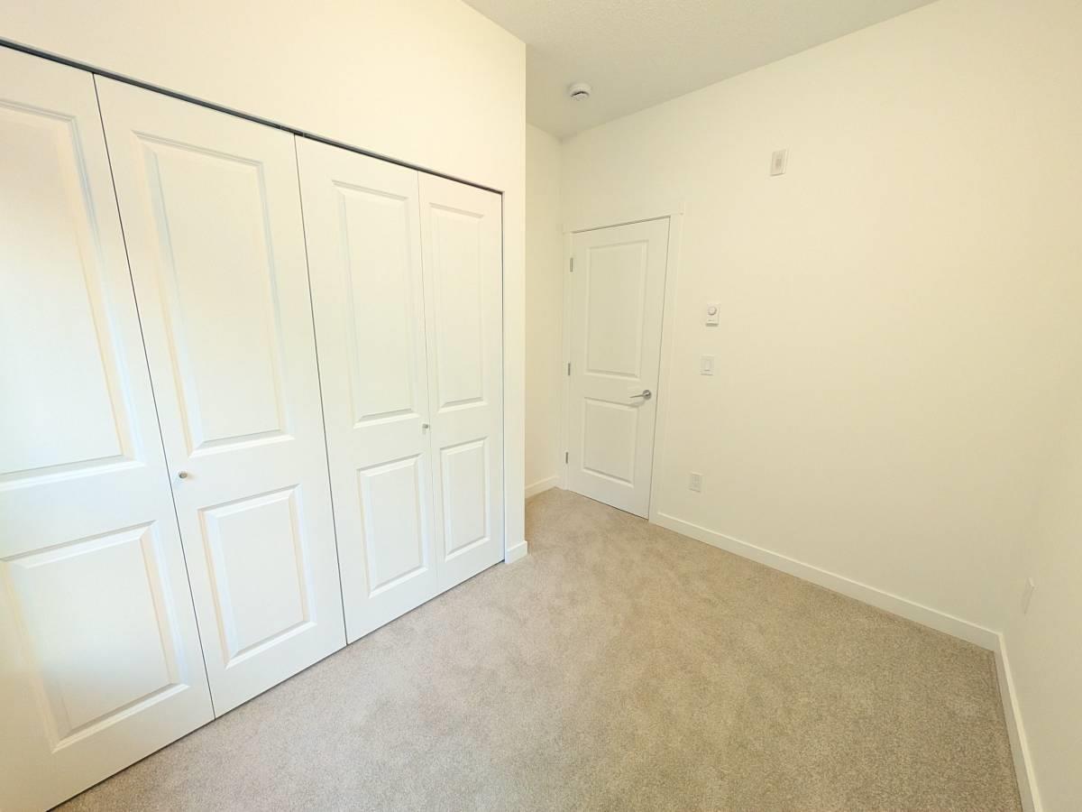 A room with white doors and carpeted floor.