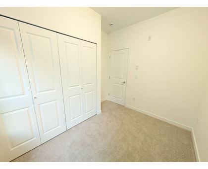 A room with white doors and carpeted floor.