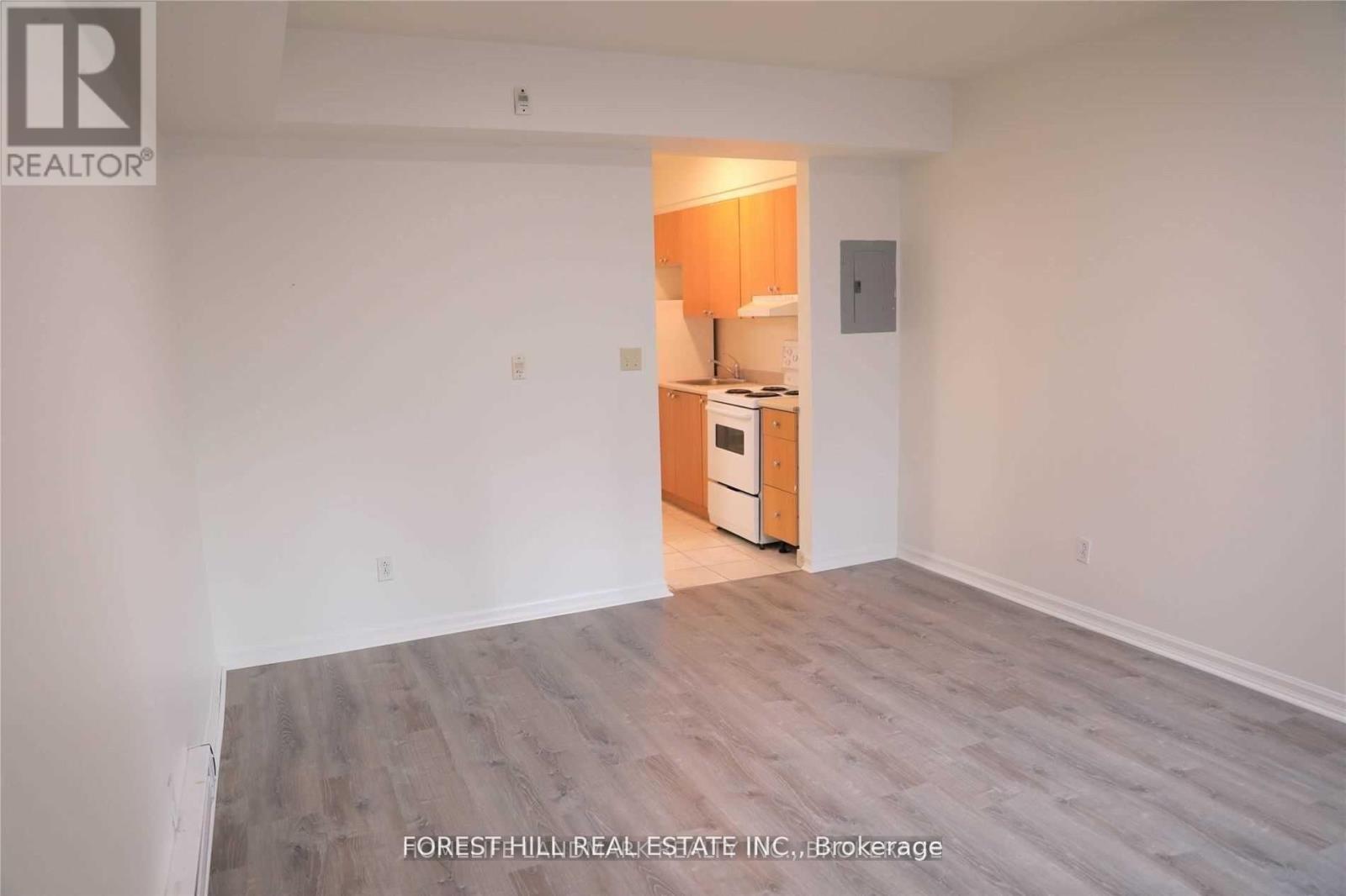 A room with a kitchenette in the background.