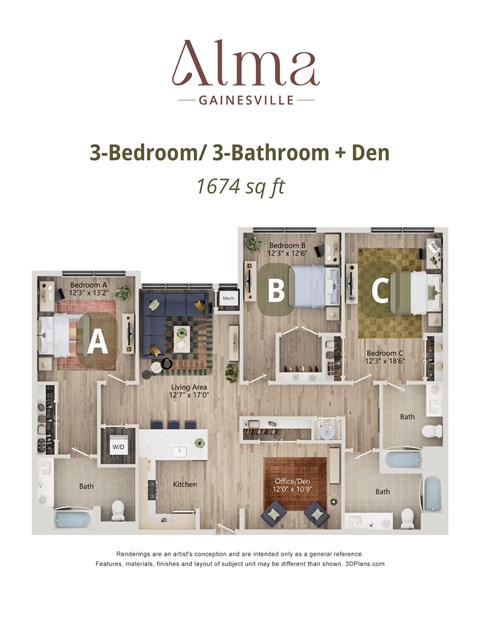 A floor plan for a 3-bedroom, 3-bathroom, and den apartment sized at 1674 square feet.