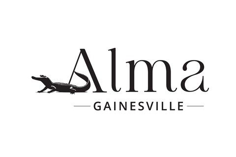 A black and white logo for Alma Gainesville with a lizard.