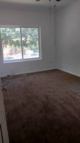 A room with a window and a brown carpet.