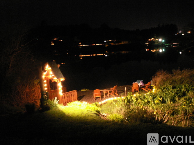 A house is lit up with Christmas lights at night.
