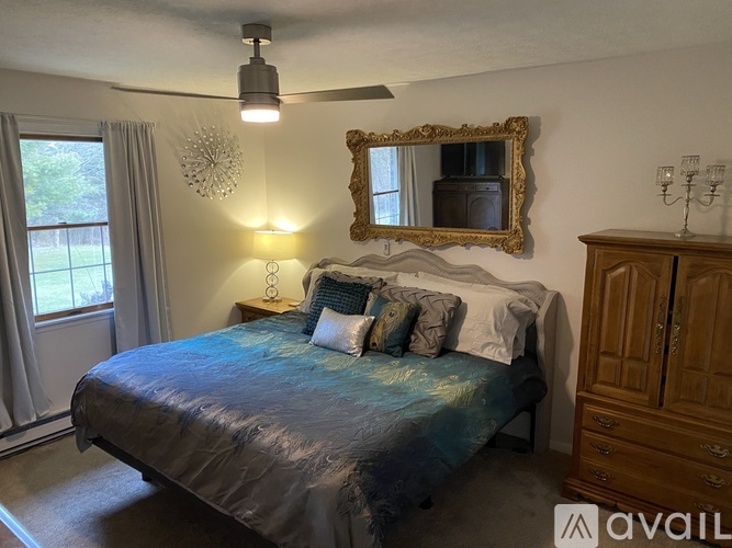 A bedroom with a bed, a mirror, a dresser, and a ceiling fan.