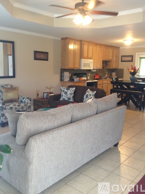 A living room with a grey couch and a fan on the ceiling.