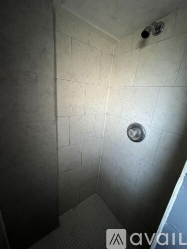 A bathroom with a shower and tiled walls.