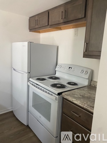 A white stove and refrigerator in a kitchen.