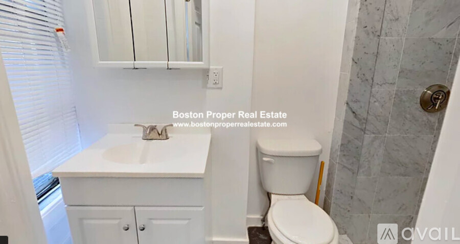 A white toilet in a bathroom with a website address for Boston Proper Real Estate.
