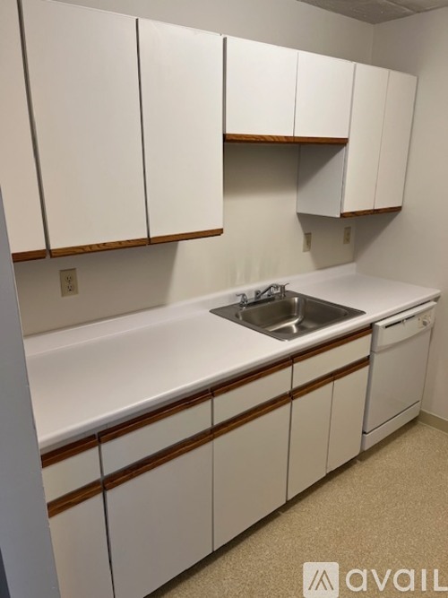 A kitchen with white cabinets and a sink.