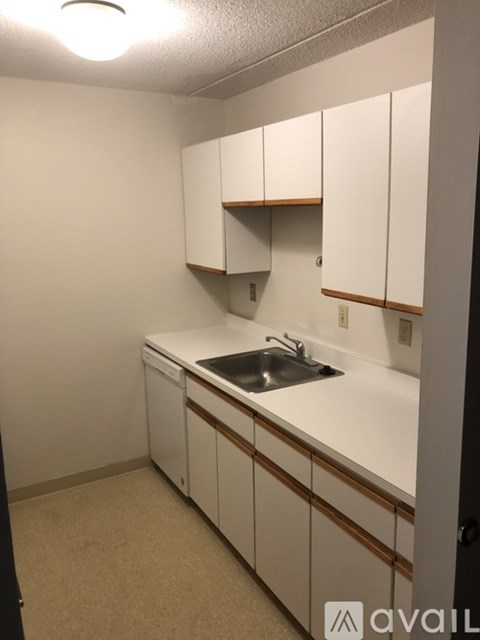 A kitchen with white cabinets and a sink.