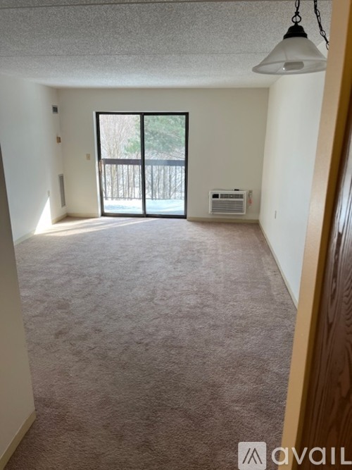 A carpeted room with a sliding glass door leading to a balcony.