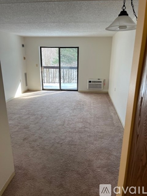 A carpeted room with a sliding glass door leading to a balcony.