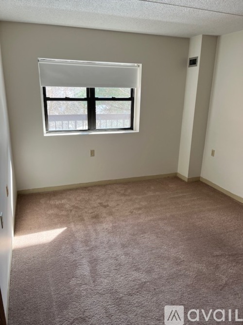 A room with a carpeted floor and a window with blinds.