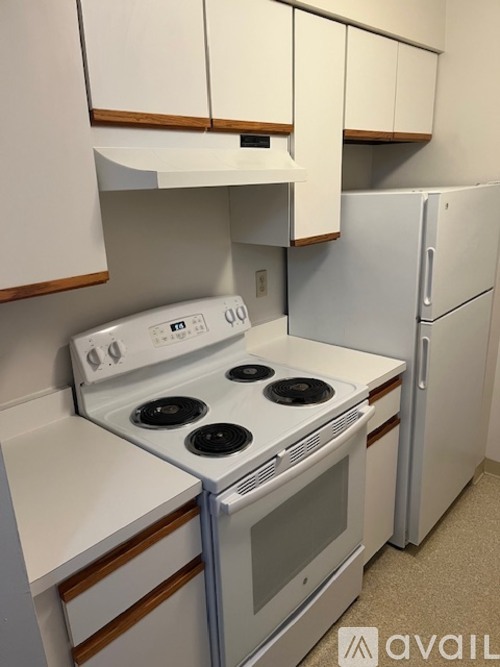 A white stove and refrigerator in a kitchen.
