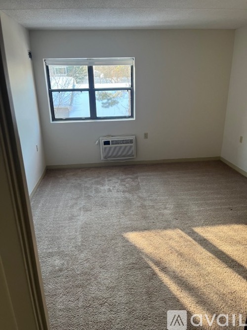 A room with a window and a carpeted floor.