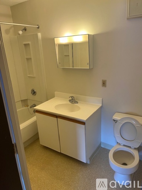 A bathroom with a toilet, sink, and mirror.