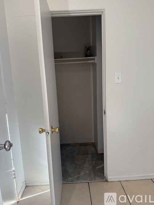 A white door with a gold handle is open to a small, empty room.