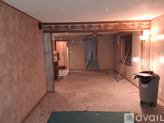 A messy living room with a couch, chair, and a person standing in the background.
