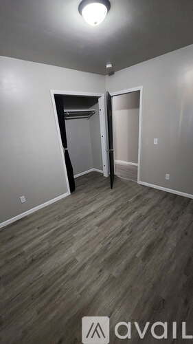 A room with a wooden floor and two doors, one of which is open.