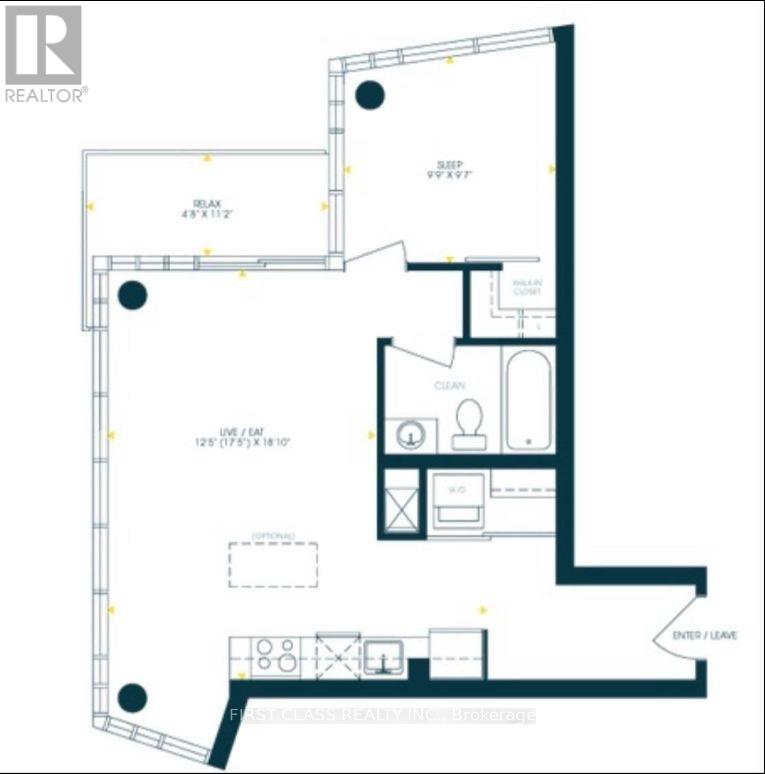 A floor plan of an apartment with a kitchen, living room, and bathroom.