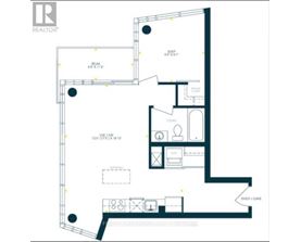 A floor plan of an apartment with a kitchen, living room, and bathroom.