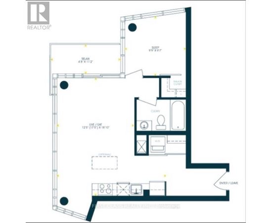 A floor plan of an apartment with a kitchen, living room, and bathroom.