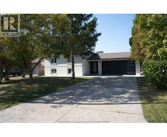 A house with a driveway and trees in front of it.