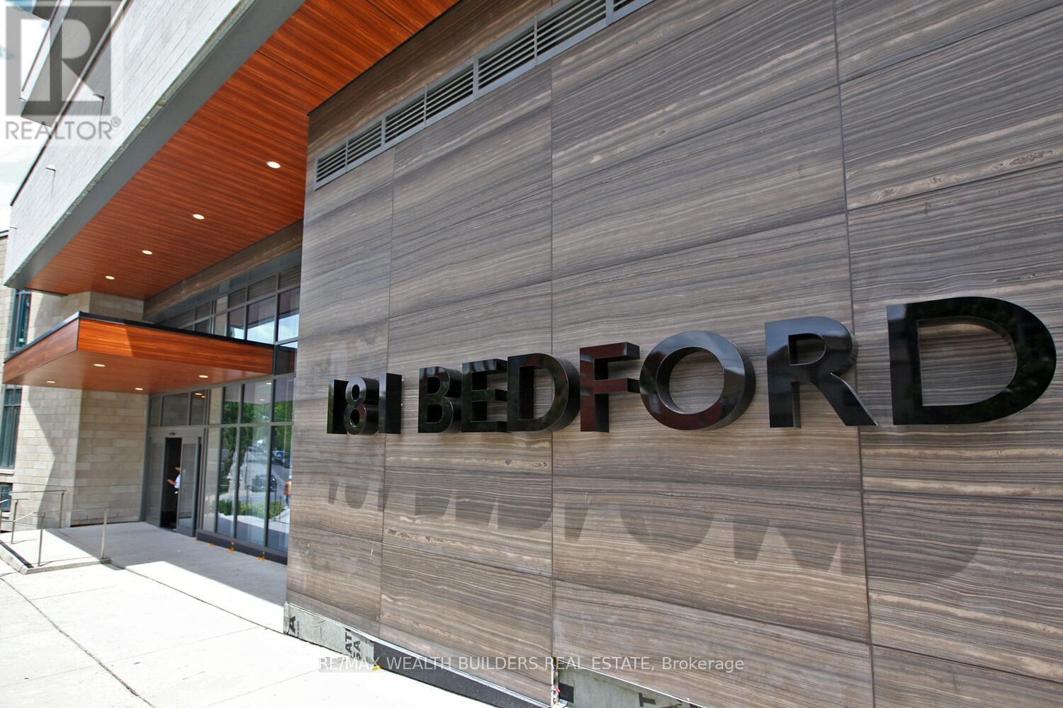 The front of a building with the word "Bedford" on it.