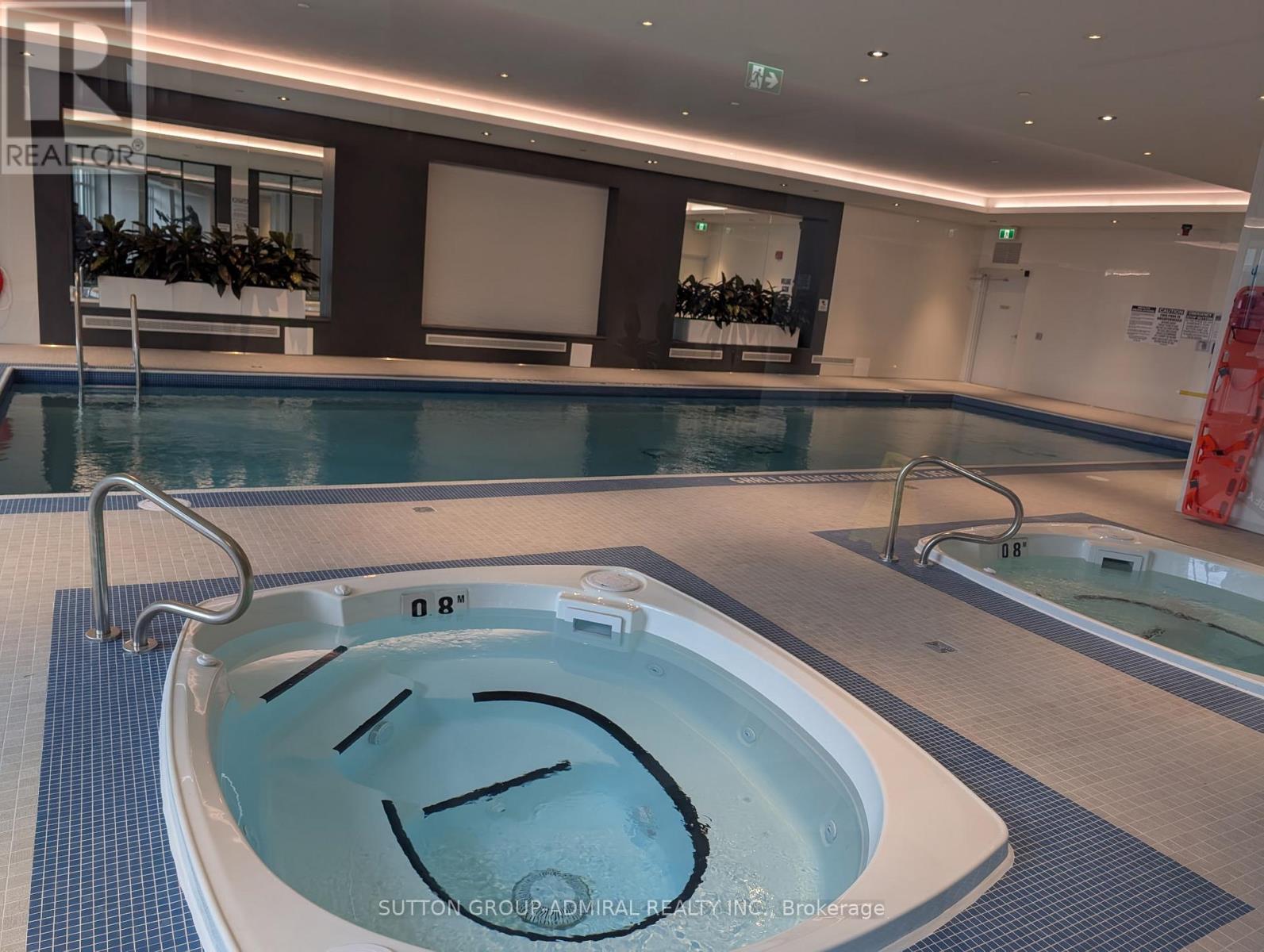 A hot tub in a room with a pool table and a plant.