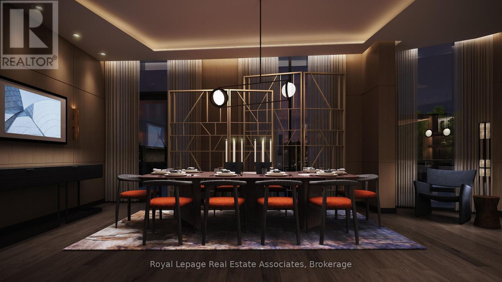 A dining room with a long table set for six with chairs around it.