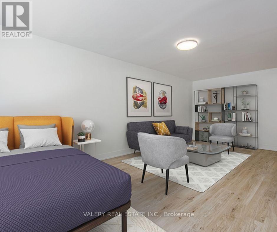 A bedroom with a bed, chair, and shelves.