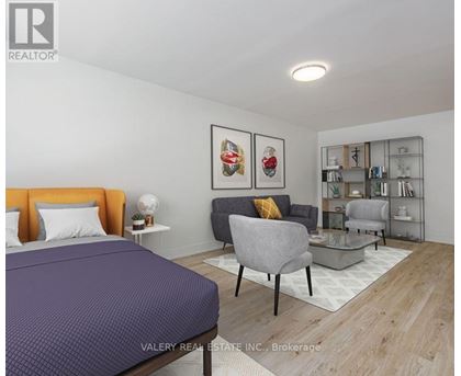 A bedroom with a bed, chair, and shelves.