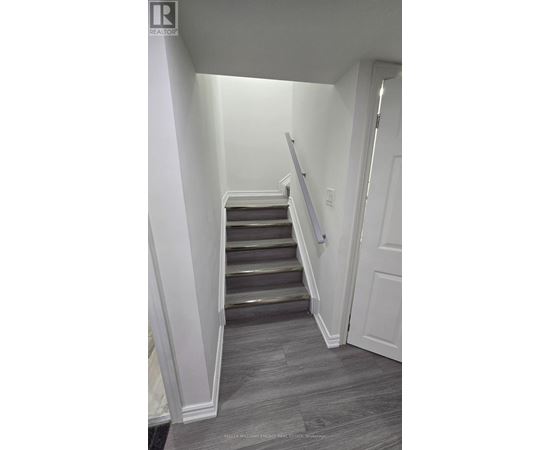 A staircase with a grey carpeted floor and white walls.