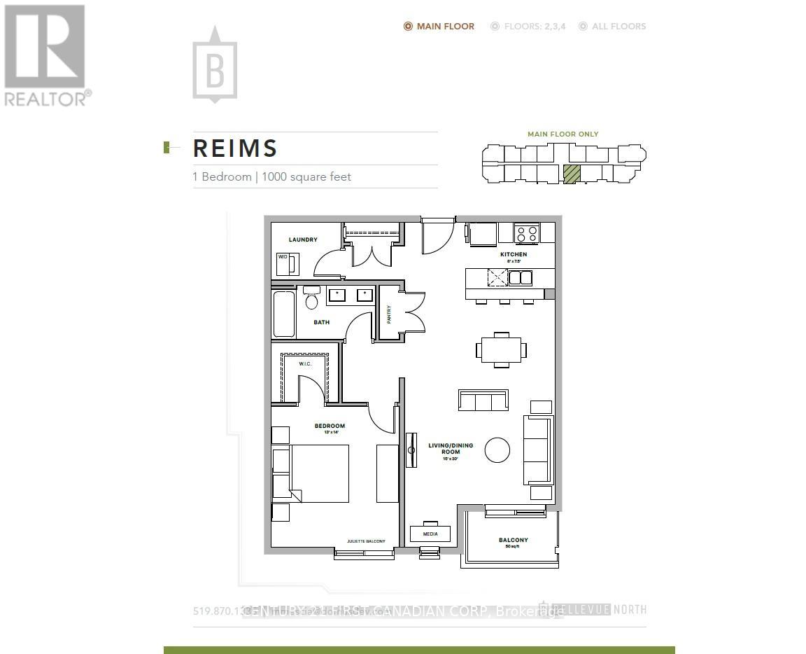 A floor plan for a 1 bedroom apartment of 1000 square feet.