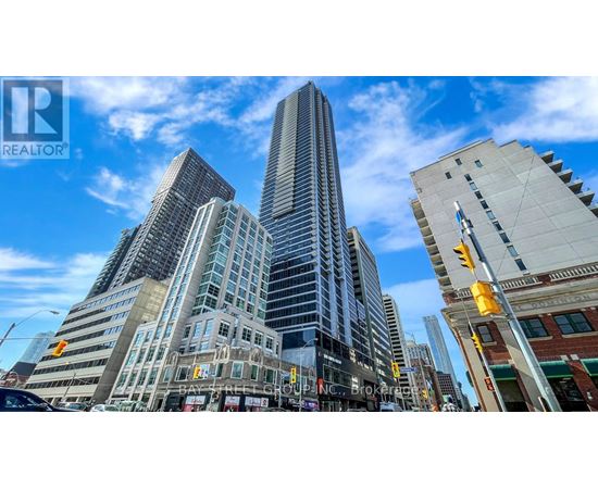 A cityscape with a tall building in the center and a street sign that reads "Brokerage.".