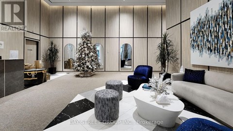 A modern living room with a Christmas tree and a large painting on the wall.