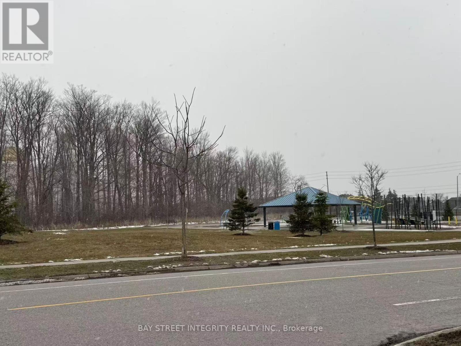 A street view with a building and trees in the background.