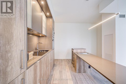 A modern kitchen with wooden cabinets and a countertop.