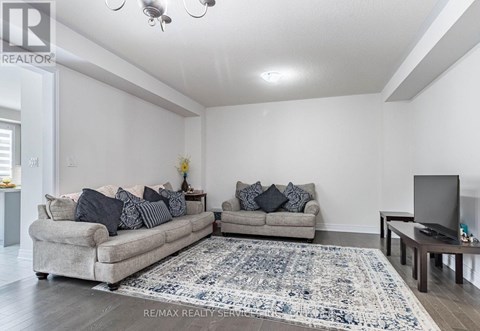A living room with a grey couch and a blue rug.