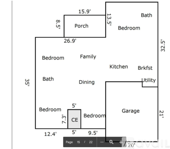 A floor plan of a house with a garage and a porch.