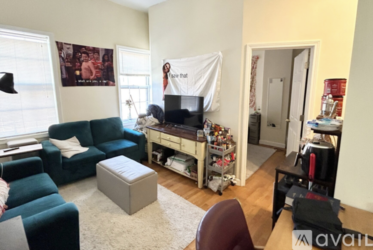A living room with a green couch, a white sofa, and a television.