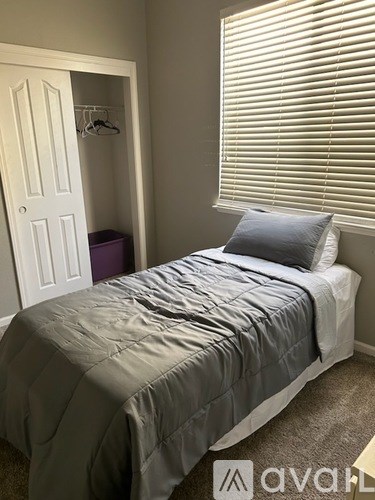 A bedroom with a bed, pillow, and a closet.