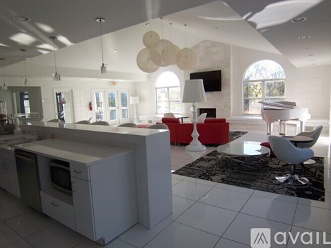 A modern kitchen with white cabinets and a black and white rug on the floor.